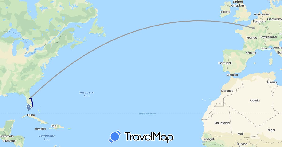 TravelMap itinerary: driving, plane, cycling in France, United States (Europe, North America)